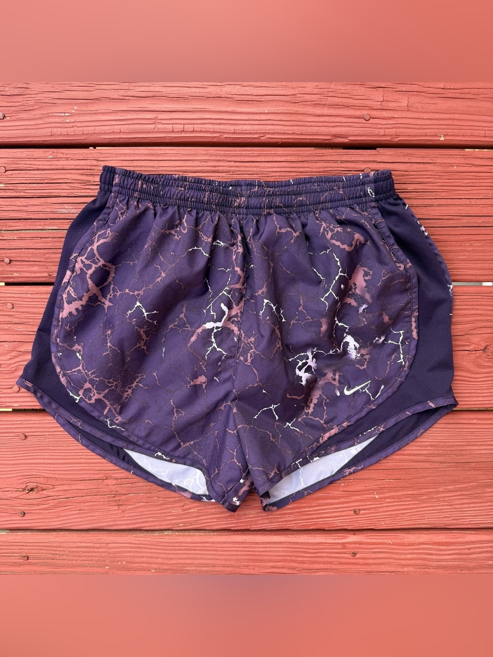 Nike Women’s Purple Marble-Print Athletic Shorts with White Accents